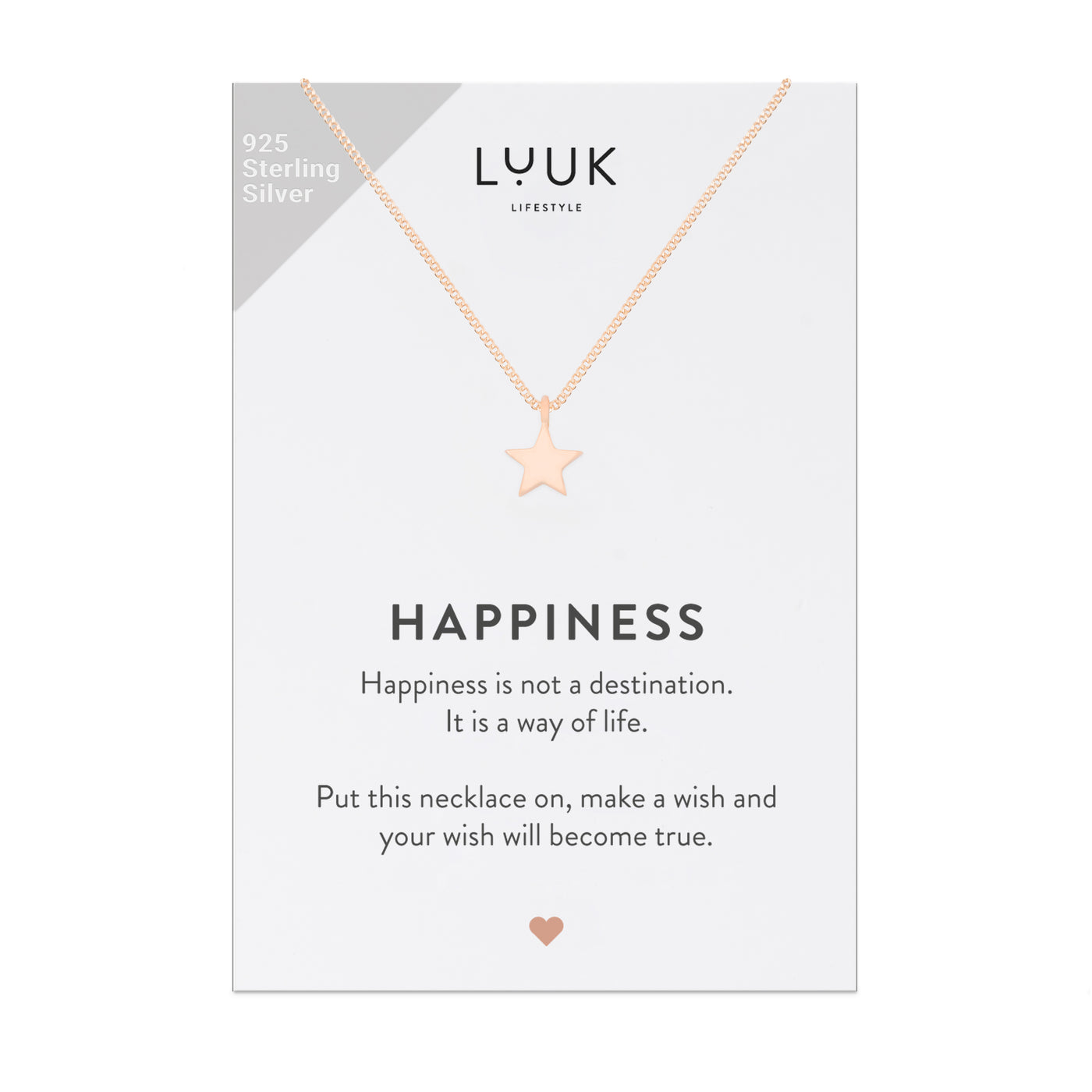 Rosegoldene Halskette mit Stern Anhänger auf Happiness Spruchkarte von Luuk Lifestyle 