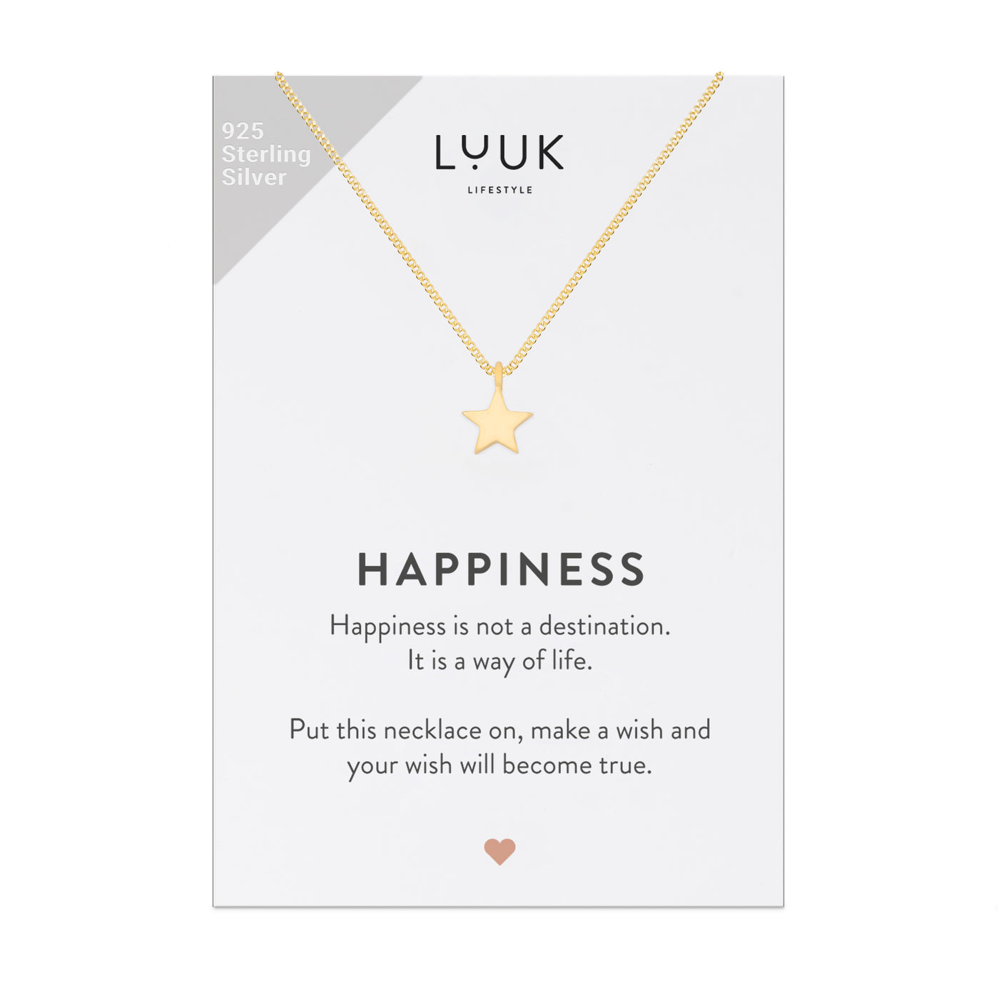 Goldene Halskette mit Stern Anhänger auf Happiness Spruchkarte von der Brand Luuk Lifestyle 