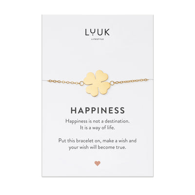 Gold Armband mit Kleeblatt Anhänger auf Happiness Spruchkarte von der Brand Luuk Lifestyle 