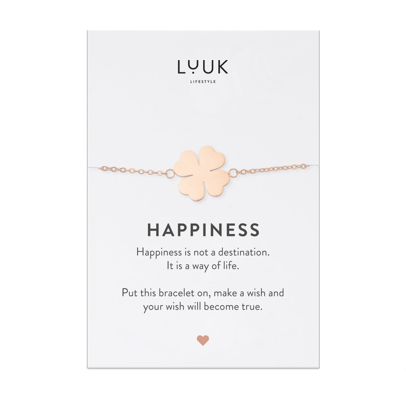 Armband mit Kleeblatt Anhänger in Roségold auf Happiness Spruchkarte von Luuk Lifestyle 
