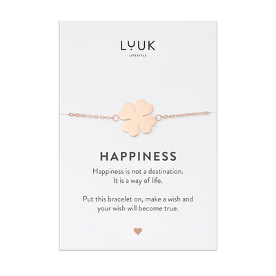 Armband mit Kleeblatt Anhänger in Roségold auf Happiness Spruchkarte von Luuk Lifestyle 
