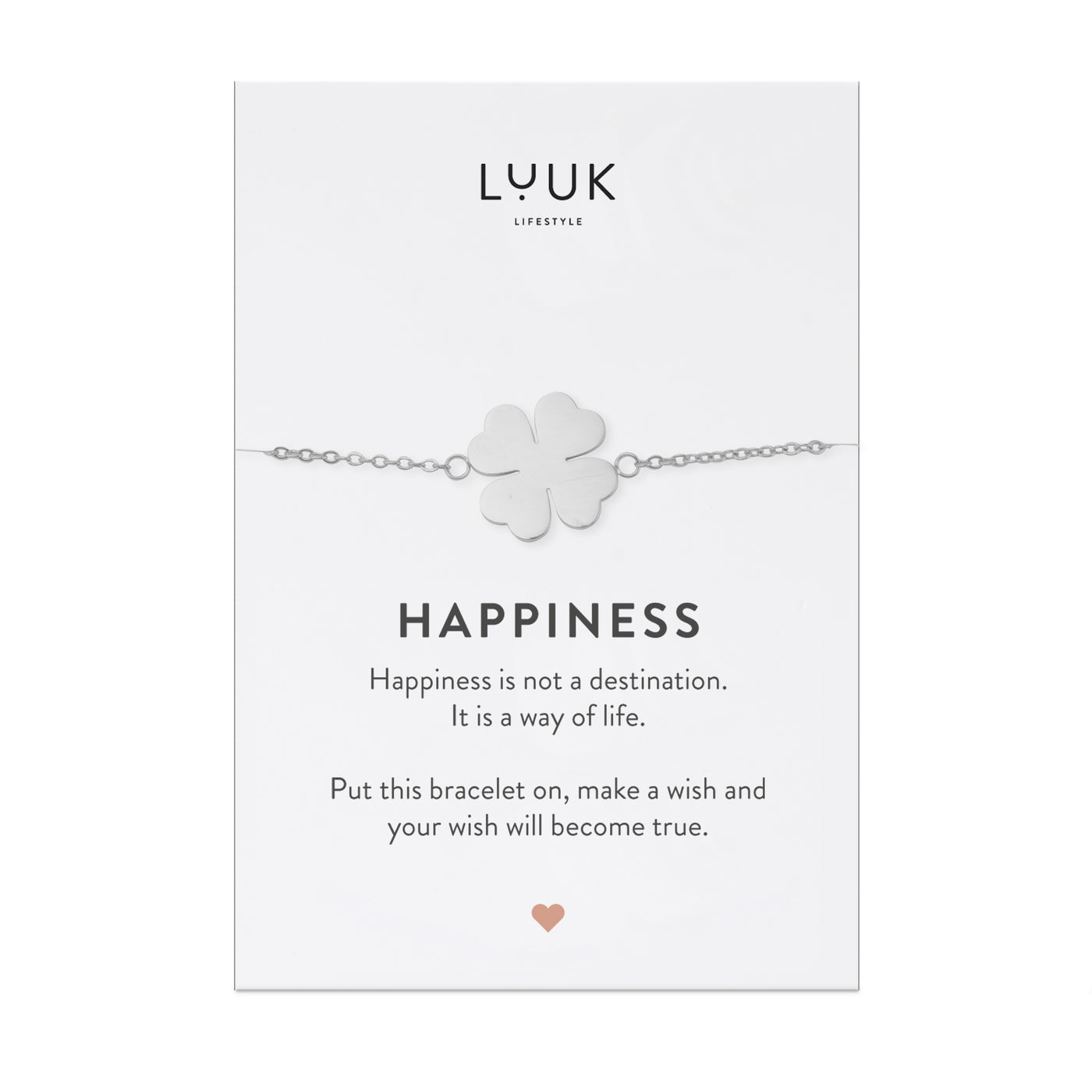 Armband mit Kleeblatt Anhänger aus Edelstahl auf Happiness Spruchkarte von Luuk Lifestyle 