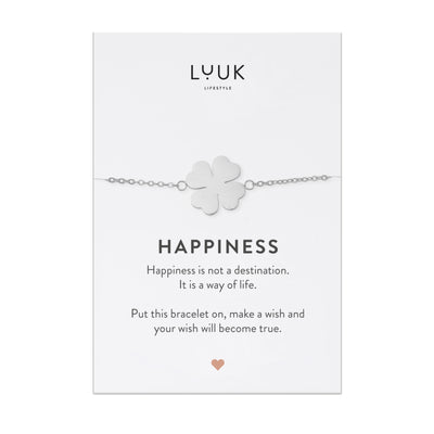 Armband mit Kleeblatt Anhänger aus Edelstahl auf Happiness Spruchkarte von Luuk Lifestyle 