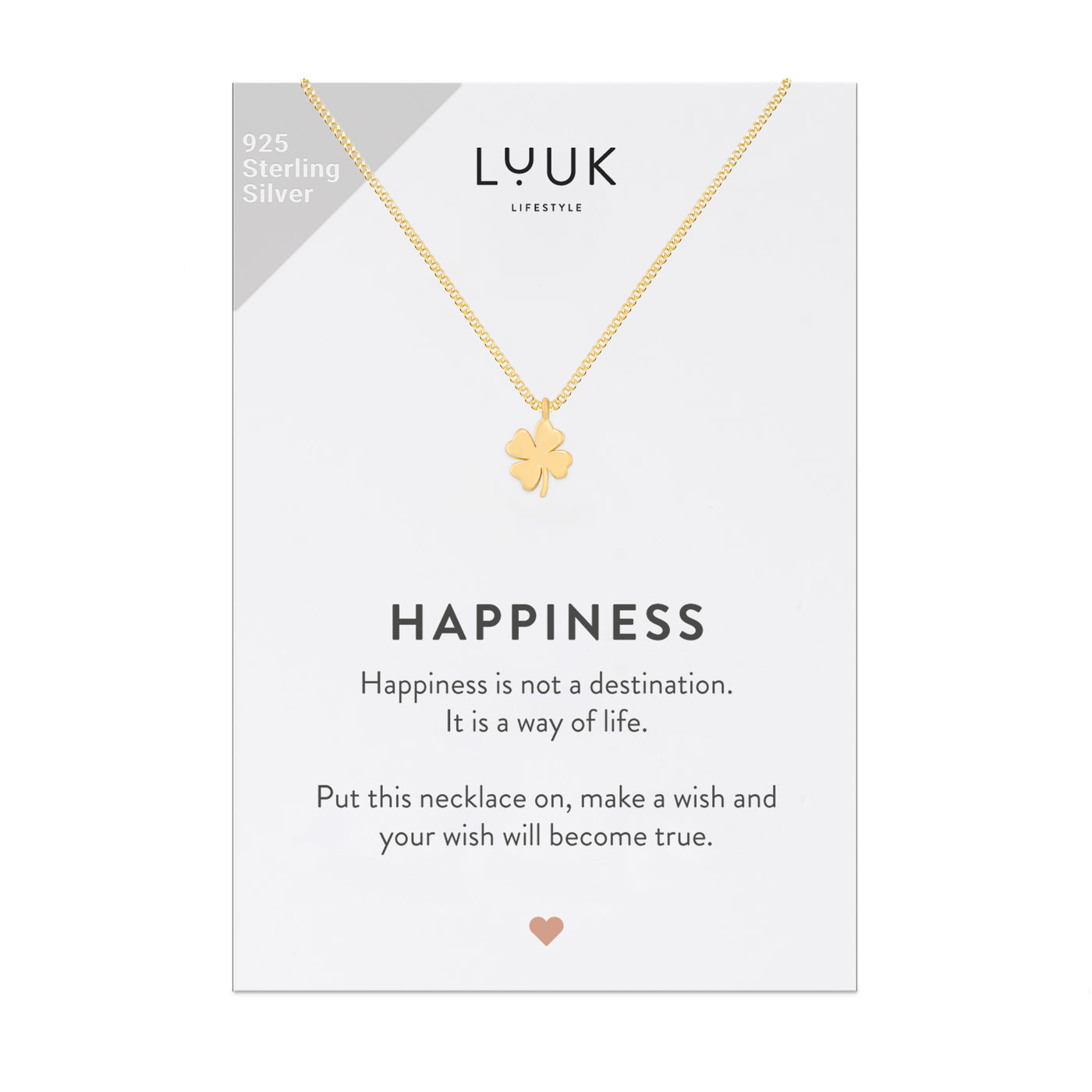 Gold Kette mit Kleeblatt Anhänger auf Happiness Spruchkarte von der Brand Luuk Lifestyle 