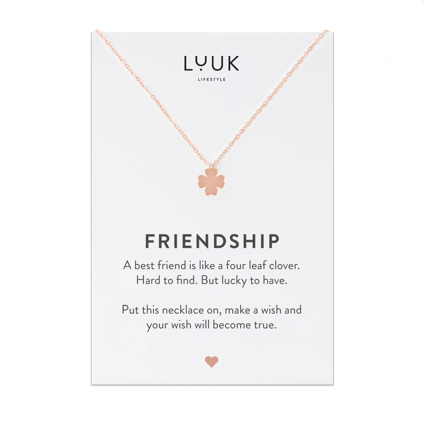 Halskette mit Kleeblatt Anhänger in Rosegold auf Friendship Spruchkarte von Luuk Lifestyle 