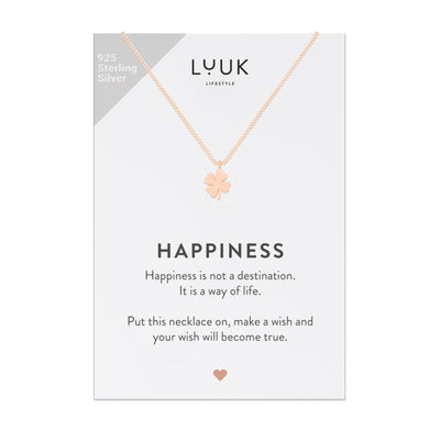 Halskette mit Kleeblatt Anhänger in Roségold auf Happiness Spruchkarte von Luuk Lifestyle 