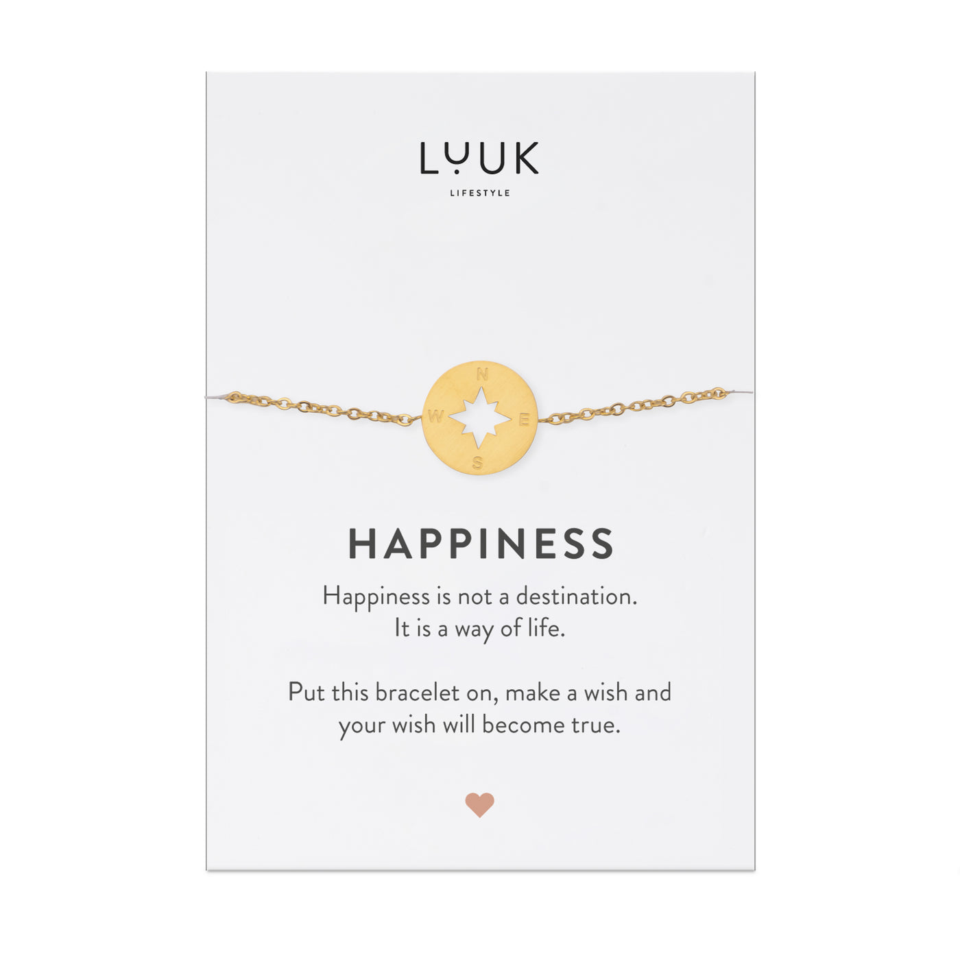 Vergoldetes Armband mit Kompass Anhänger auf Happiness Spruchkarte von der Marke Luuk Lifestyle