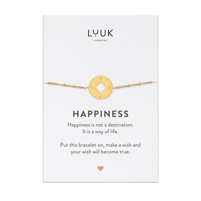 Vergoldetes Armband mit Kompass Anhänger auf Happiness Spruchkarte von der Marke Luuk Lifestyle