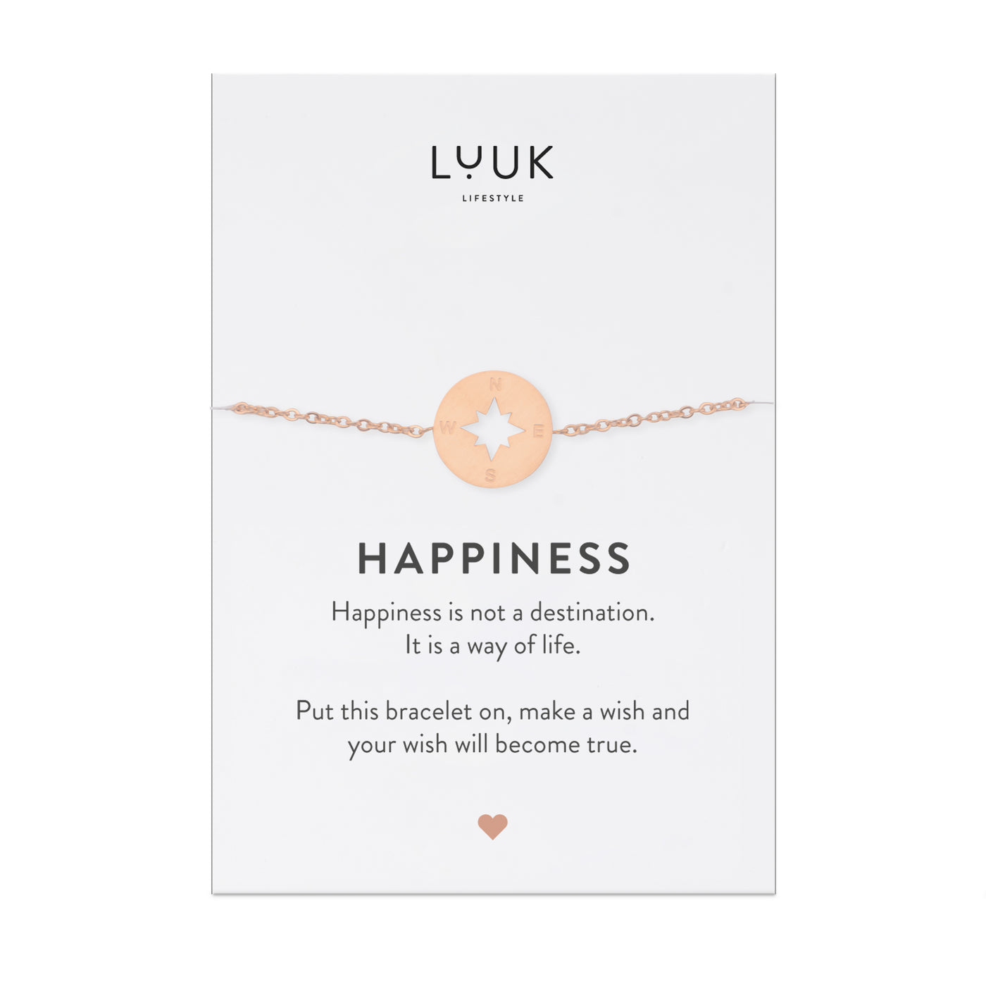 Armband mit Kompass Anhänger in Rosegold auf Happiness Spruchkarte von der Marke Luuk Lifestyle 