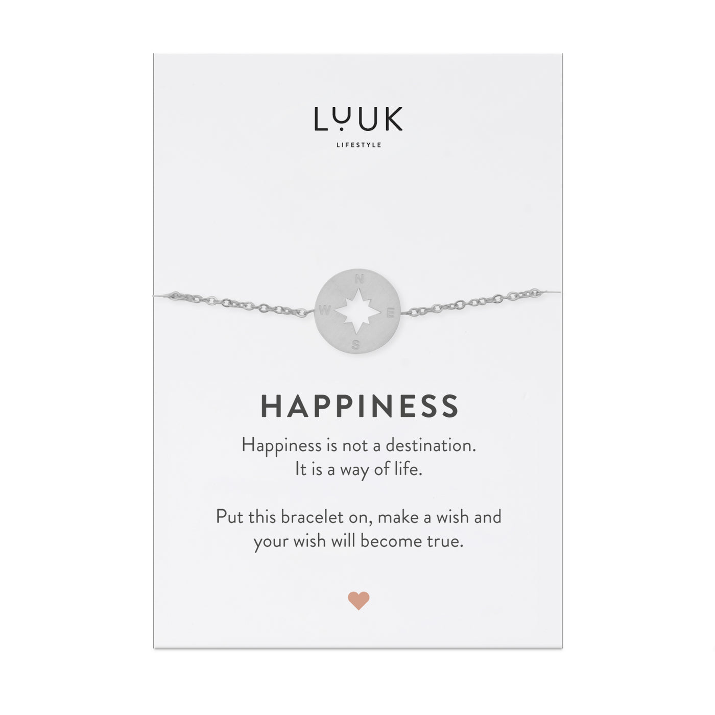 Edelstahl Armband mit Kompass Anhänger auf Happiness Spruchkarte von Luuk Lifestyle 