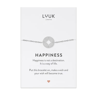 Edelstahl Armband mit Kompass Anhänger auf Happiness Spruchkarte von Luuk Lifestyle 