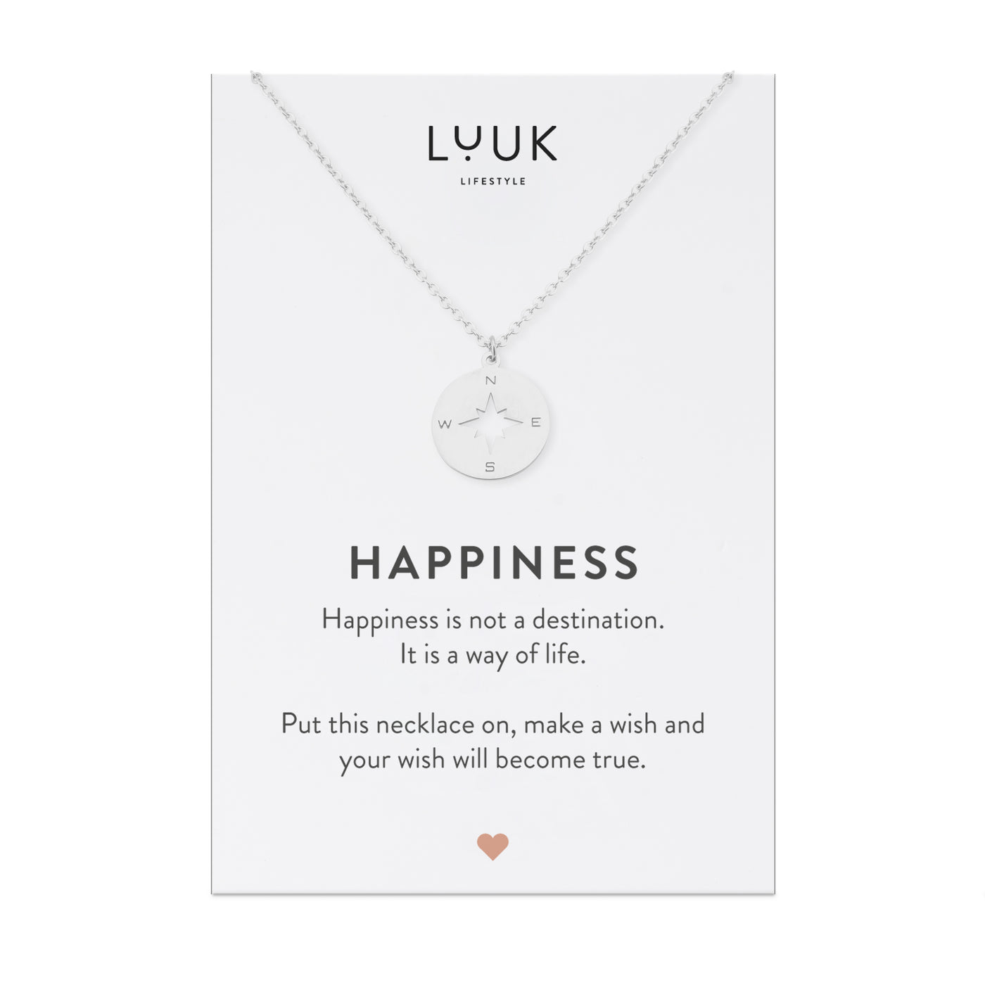 Halskette mit Wegweiser Anhänger in Edelstahl auf Happiness Spruchkarte von der Marke Luuk Lifestyle