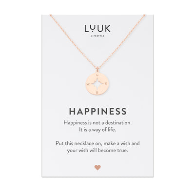 Halskette mit Wegweiser Anhänger in Rosegold auf Happiness Spruchkarte von Luuk Lifestyle 