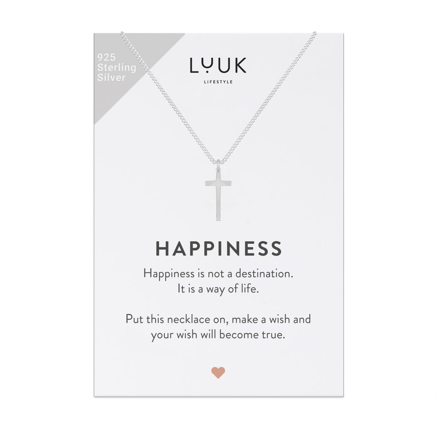 Feine 925 Silber Kette mit Kreuz Anhänger auf Happiness Spruchkarte von der Marke Luuk Lifestyle 