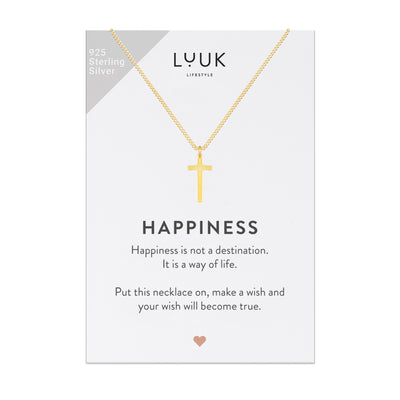 Happiness Spruchkarte mit schlichter Goldenen Halskette und Kreuz Anhänger von der Marke Luuk Lifestyle 