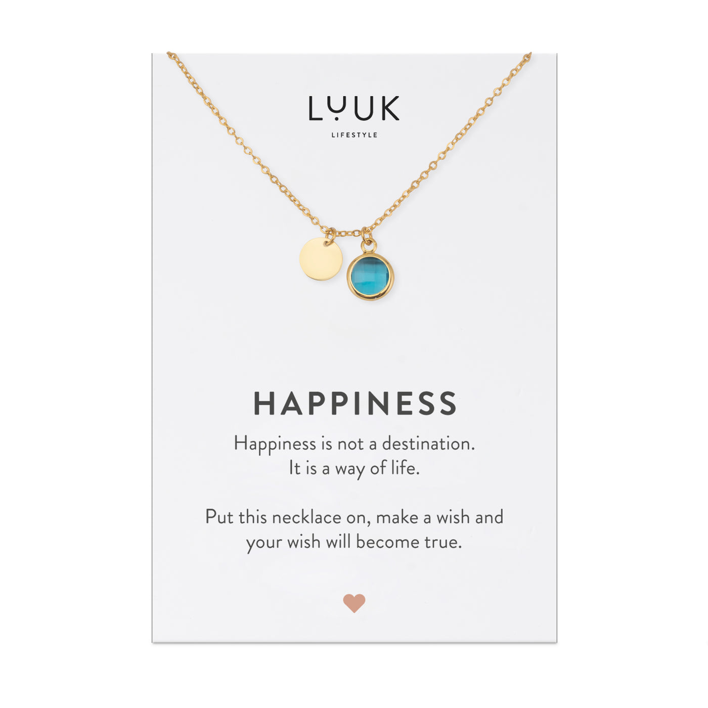 Vergoldete Halskette mit hellblauem Edelstein Anhänger auf Happiness Spruchkarte von der Brand Luuk Lifestyle