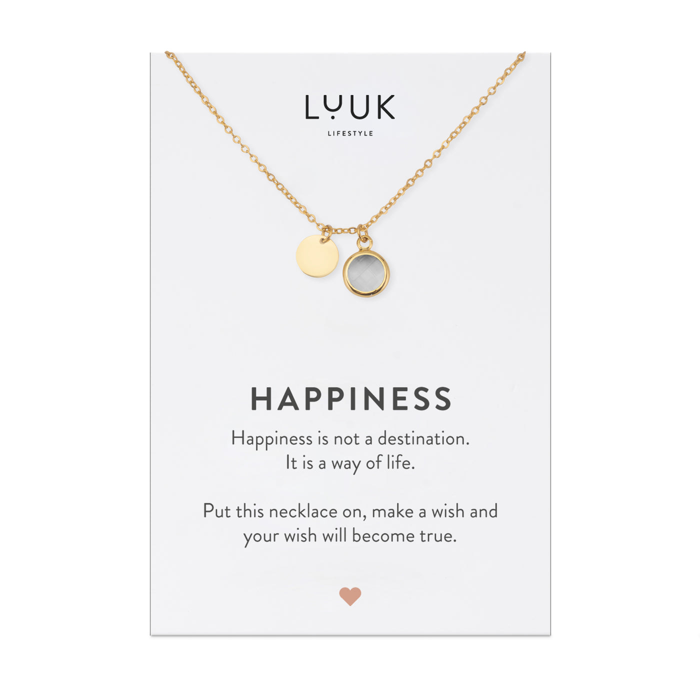 Goldene Halskette mit weißem Kristall Anhänger auf Happiness Spruchkarte von der Marke Luuk Lifestyle