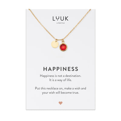 Goldene Halskette mit rotem Diamant Anhänger auf Happiness Spruchkarte von der Marke Luuk Lifestyle