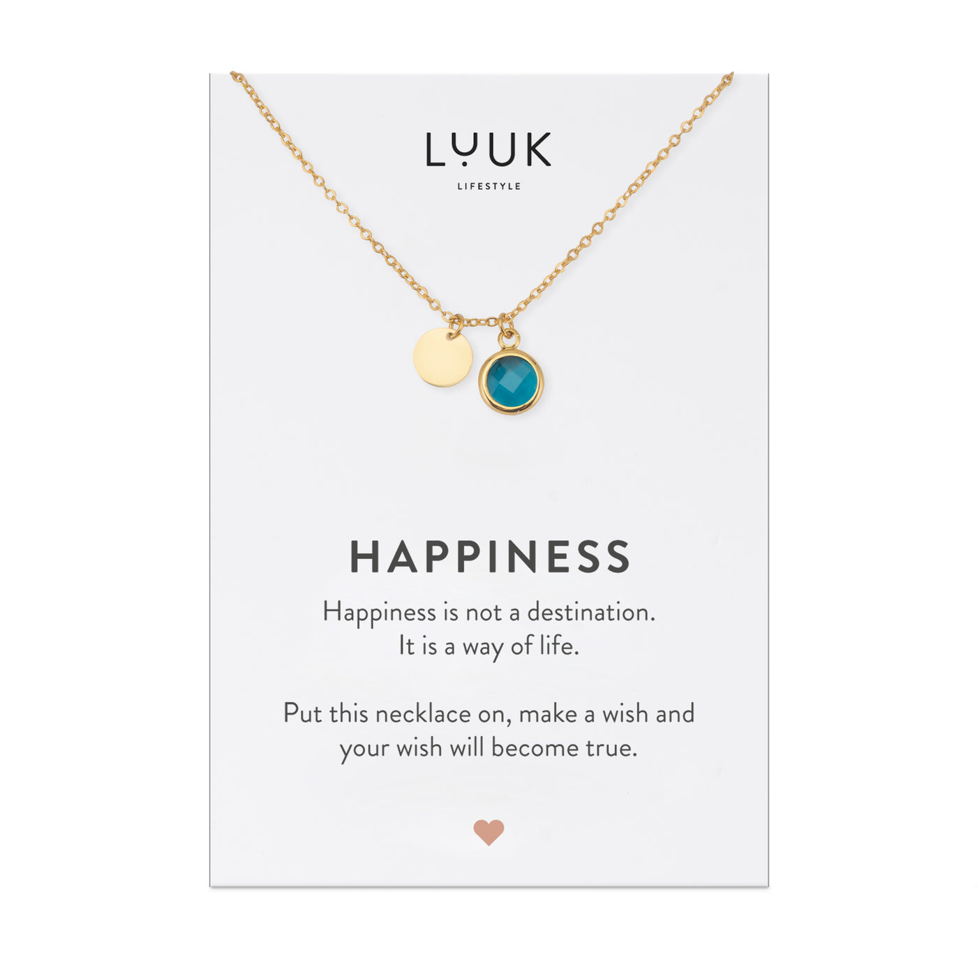 Vergoldete Kette mit blauem Kristall Anhänger auf Happiness Spruchkarte von der Marke Luuk Lifestyle