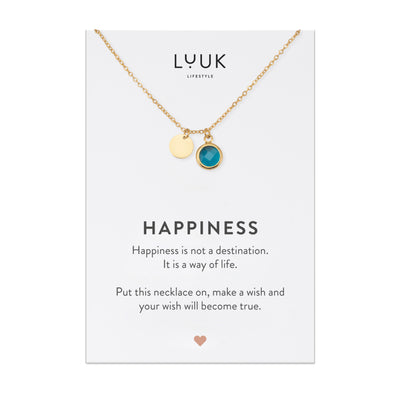 Vergoldete Kette mit blauem Kristall Anhänger auf Happiness Spruchkarte von der Marke Luuk Lifestyle