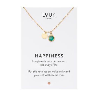 Vergoldete Halskette mit Smaragdstein Anhänger auf Happiness Spruchkarte von der Brand Luuk Lifestyle