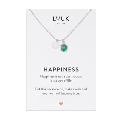 Silberne Halskette mit grünem Edelstein Anhänger auf Happiness Spruchkarte von Luuk Lifestyle 