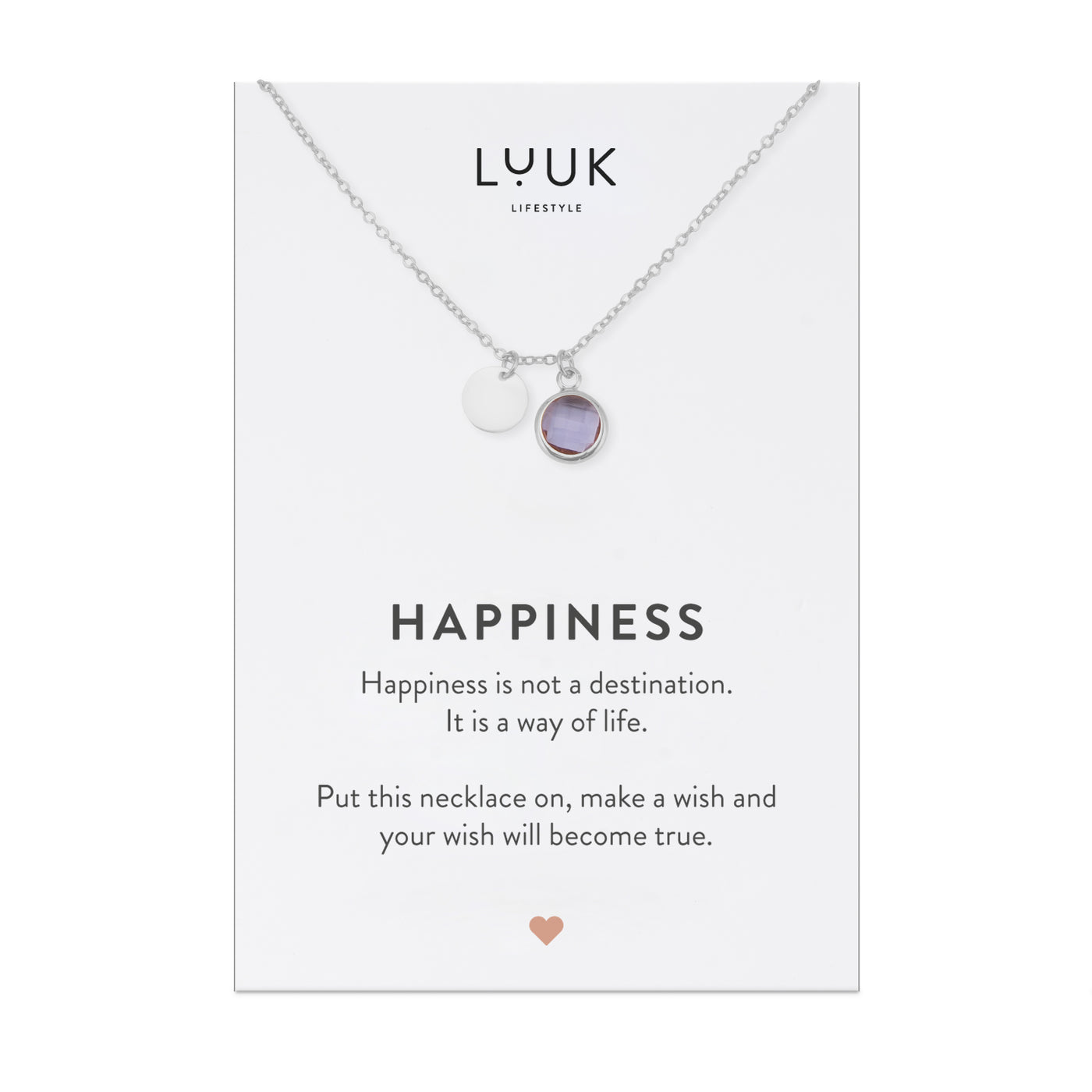 Silberne Halskette mit lilanem Kristall Anhänger auf Happiness Spruchkarte von der Marke Luuk Lifestyle 