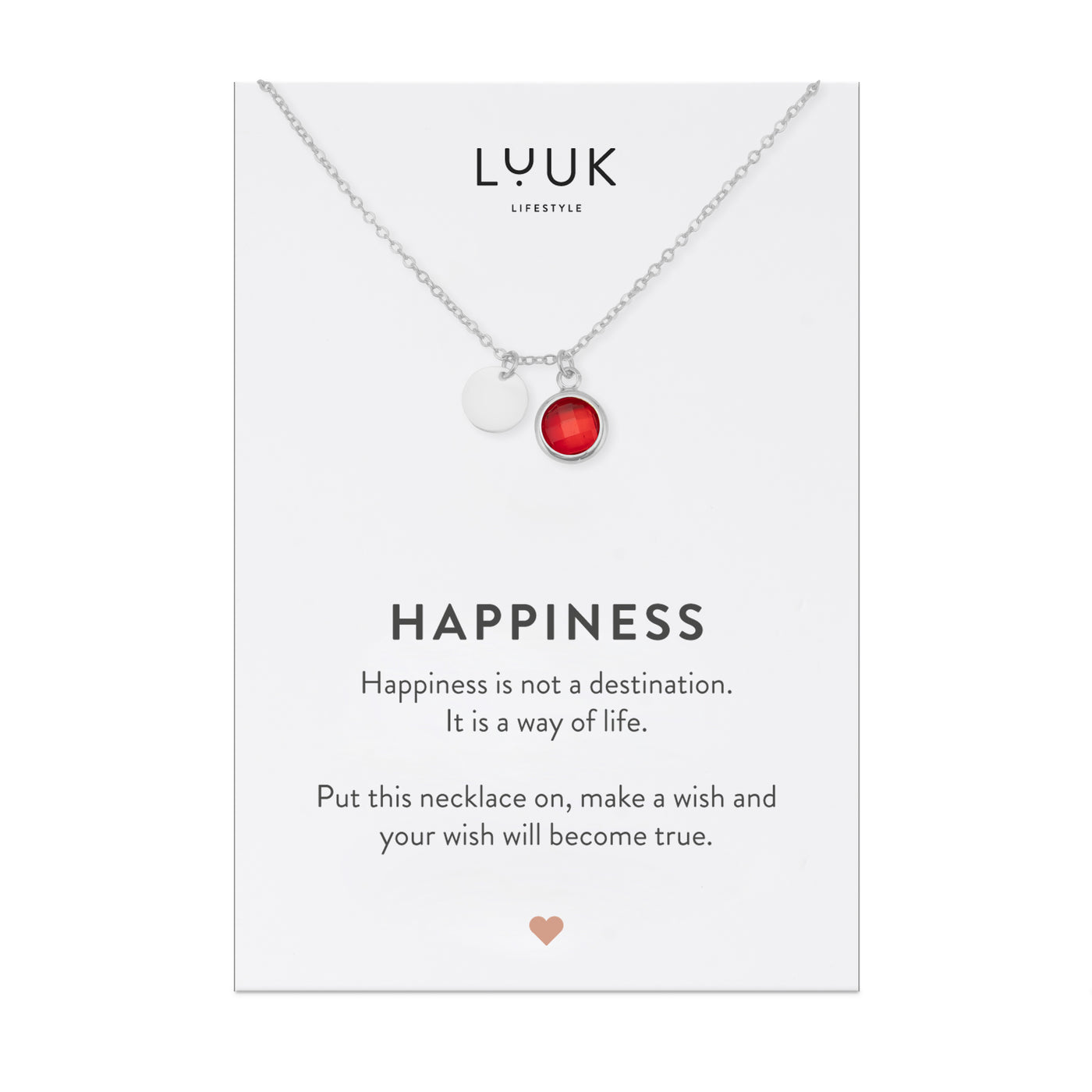 Silberne Halskette mit rotem Edelstein Anhänger auf motivierender Happiness Spruchkarte von Luuk Lifestyle 
