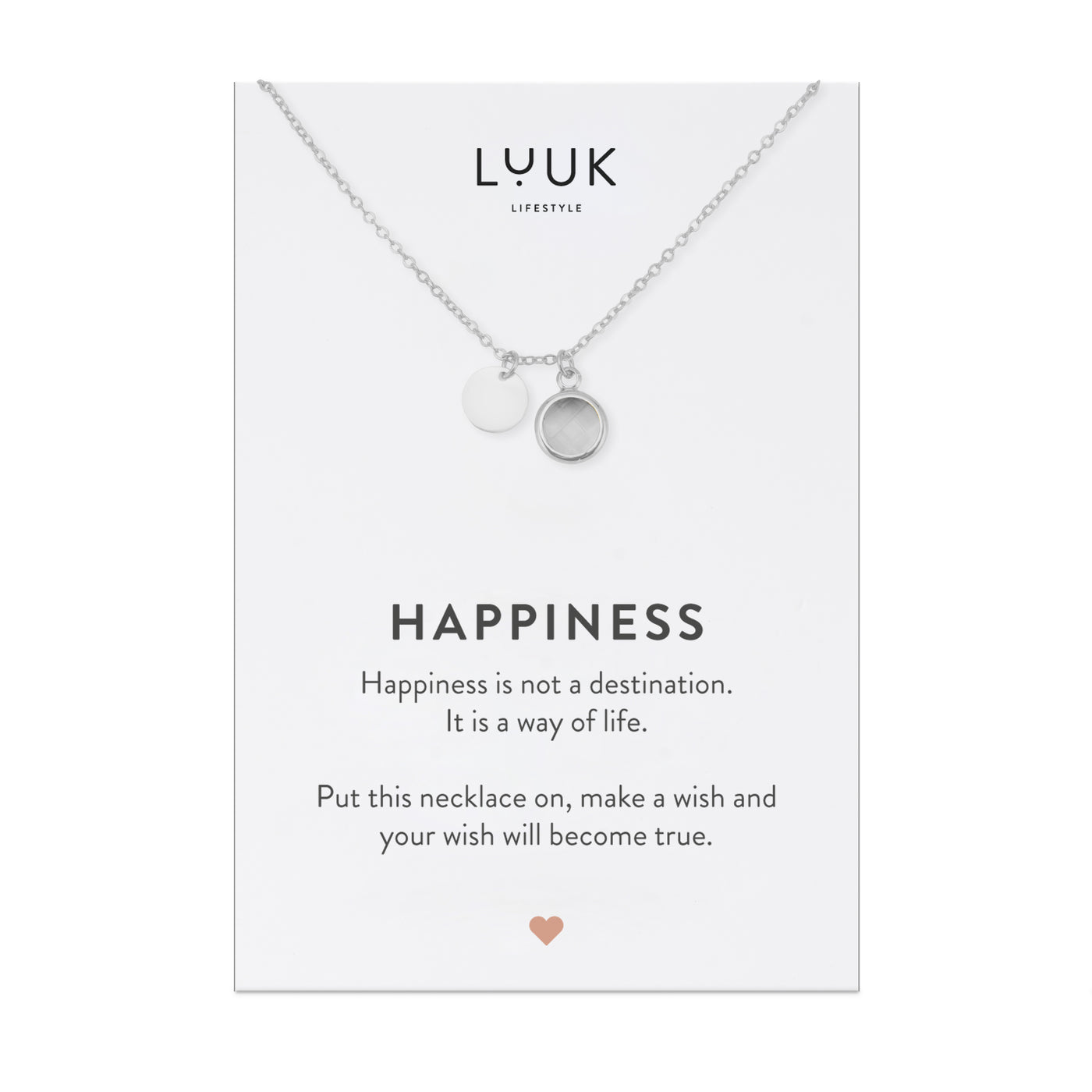 Silberne Halskette mit weißem Kristall Anhänger und silbernem Plättchen Anhänger auf Happiness Spruchkarte von Luuk Lifestyle