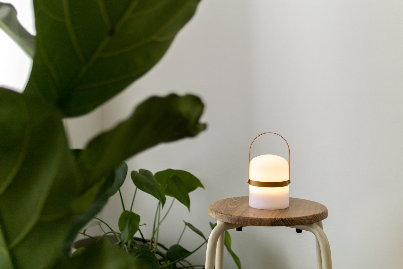 Skandinavische kleine LED Lampe auf Hocker umgeben von Pflanzen