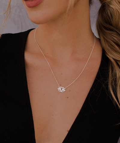 Sterling silver necklace with lotus flower pendant and Happiness greeting card