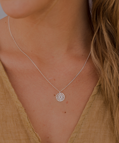 Sterling silver necklace with mandala pendant and Happiness greeting card