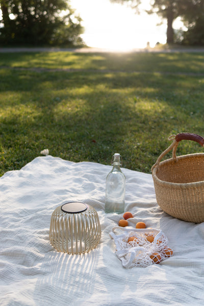 Spritzwasserfeste Laterne in sand braun auf Picnic Decke im Wald