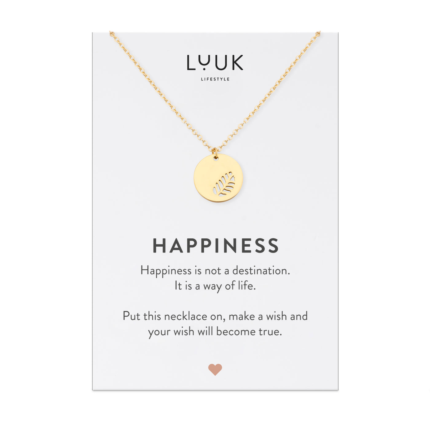 Gold Kette mit graviertem Blatt ANhänger aus Edelstahl auf Happiness Spruchkarte von der Marke Luuk Lifestyle 