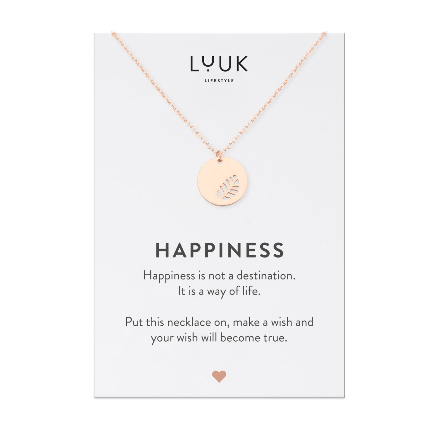 Halskette mit Blatt Anhänger in Rosegold auf Happiness Spruchkarte von Luuk Lifestyle