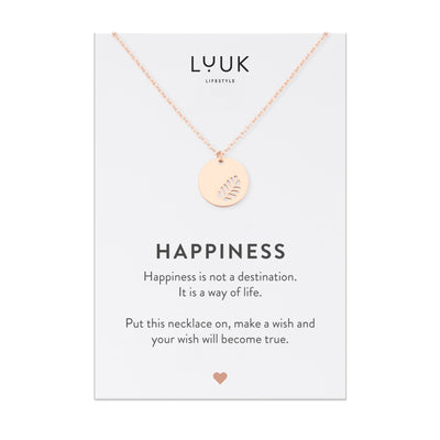 Halskette mit Blatt Anhänger in Rosegold auf Happiness Spruchkarte von Luuk Lifestyle