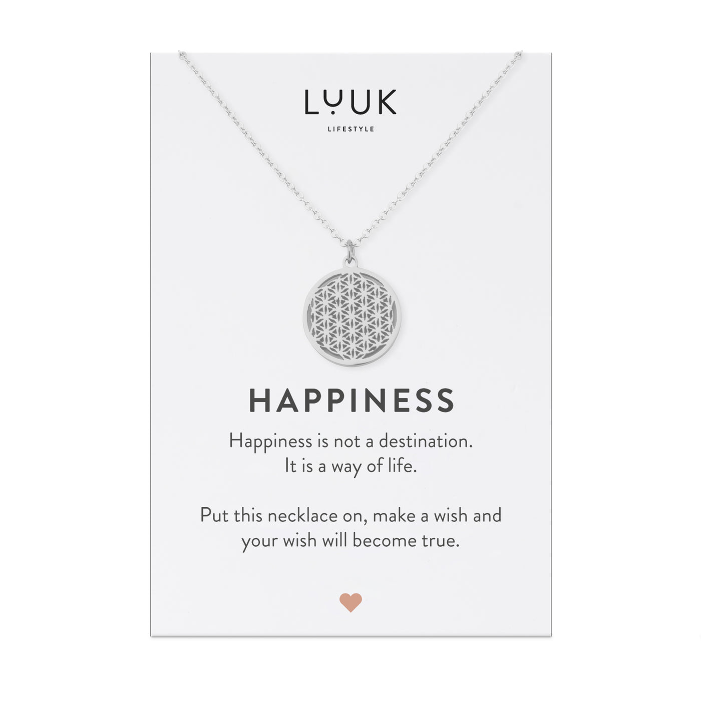 Silberne Halskette mit Blume des Lebens Anhänger auf Happiness Karte von der Marke Luuk Lifestyle.