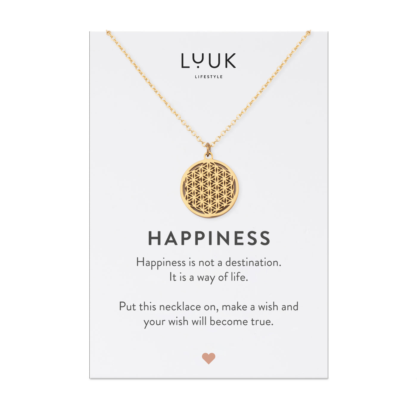 Goldene Halskette mit Blume des Lebens Anhänger auf Happiness Karte von der Brand Luuk Lifestyle.