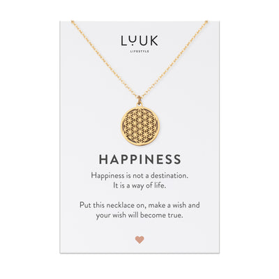 Goldene Halskette mit Blume des Lebens Anhänger auf Happiness Karte von der Brand Luuk Lifestyle.
