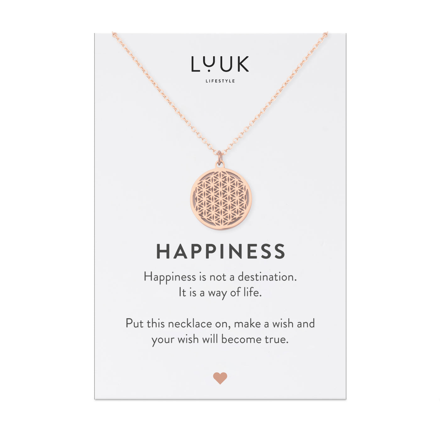 Rosegoldene Halskette mit Blume des Lebens Anhänger auf Happiness Karte von Luuk Lifestyle.