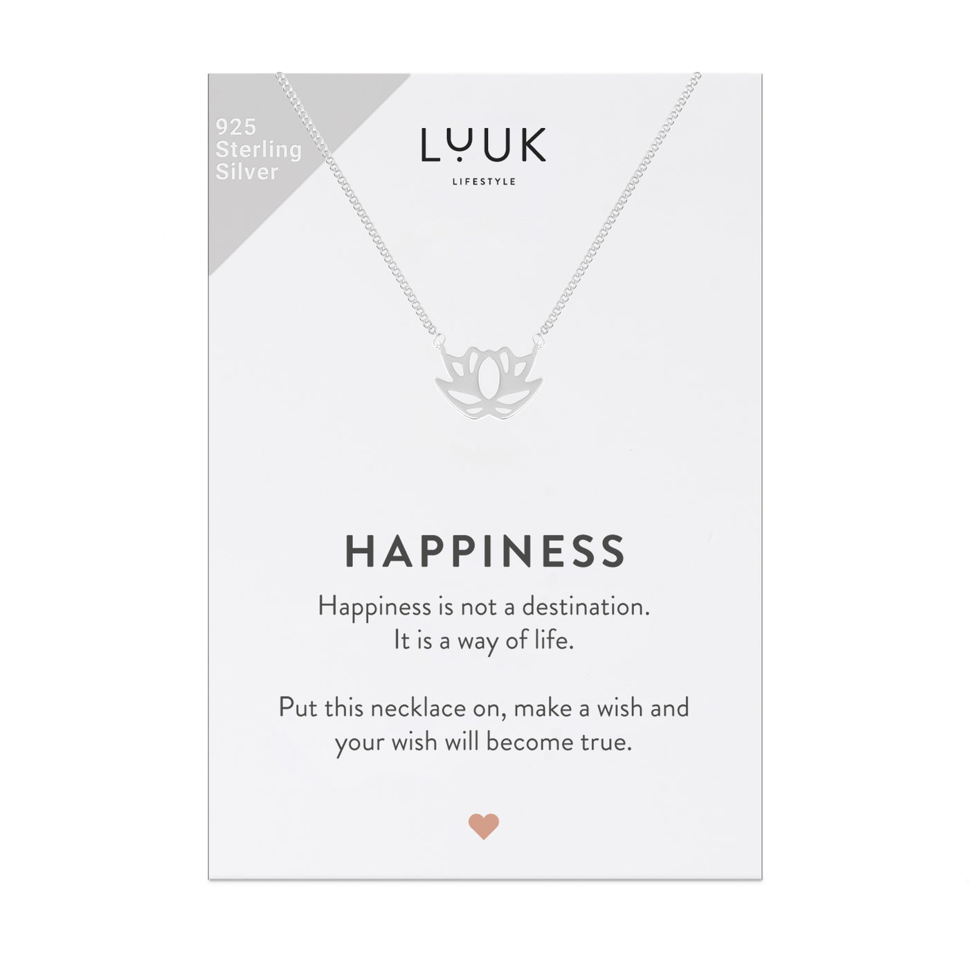 Halskette mit Lotusblüten Anhänger auf motivierender Happiness Spruchkarte von der Brand Luuk Lifestyle