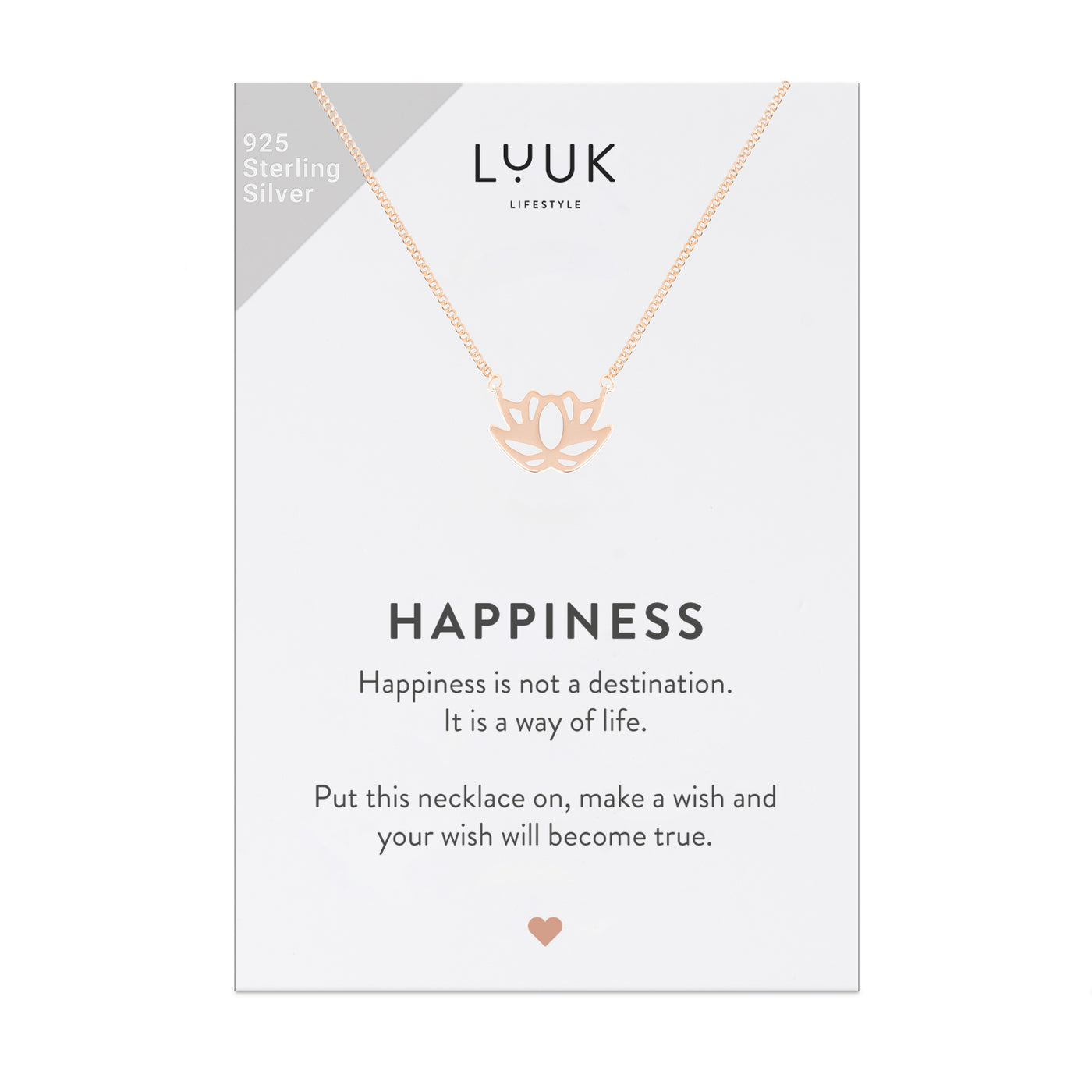 Halskette mit Lotusblüten Anhänger in Roségold auf Happiness Spruchkarte von Luuk Lifestyle 
