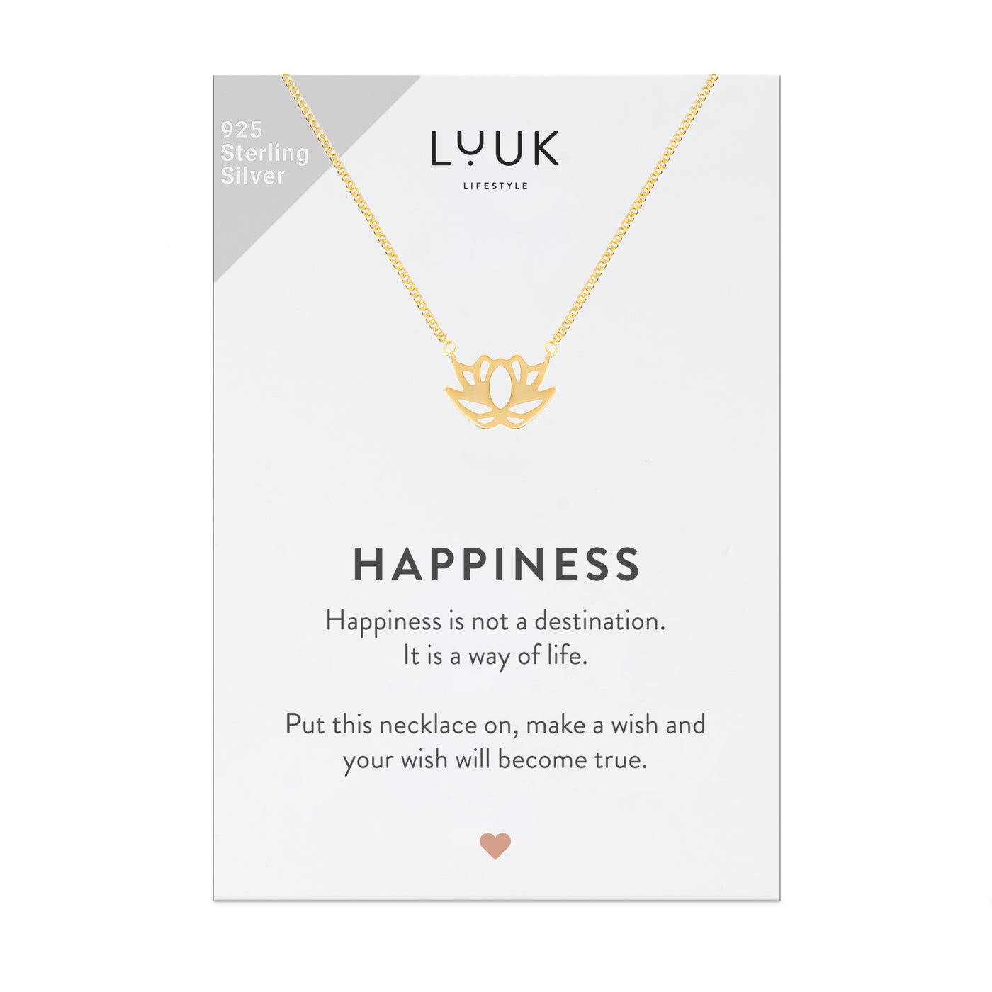 Gold Kette mit Lotusblüten Anhänger auf Happiness Spruchkarte von der Marke Luuk Lifestyle 
