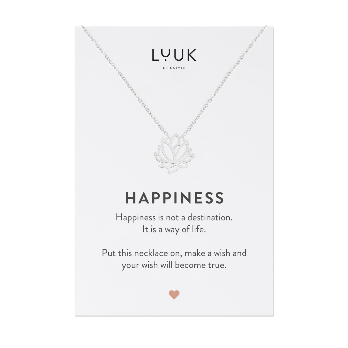Halskette mit Lotusblüten Anhänger auf motivierender Happiness Spruchkarte von der Brand Luuk Lifestyle