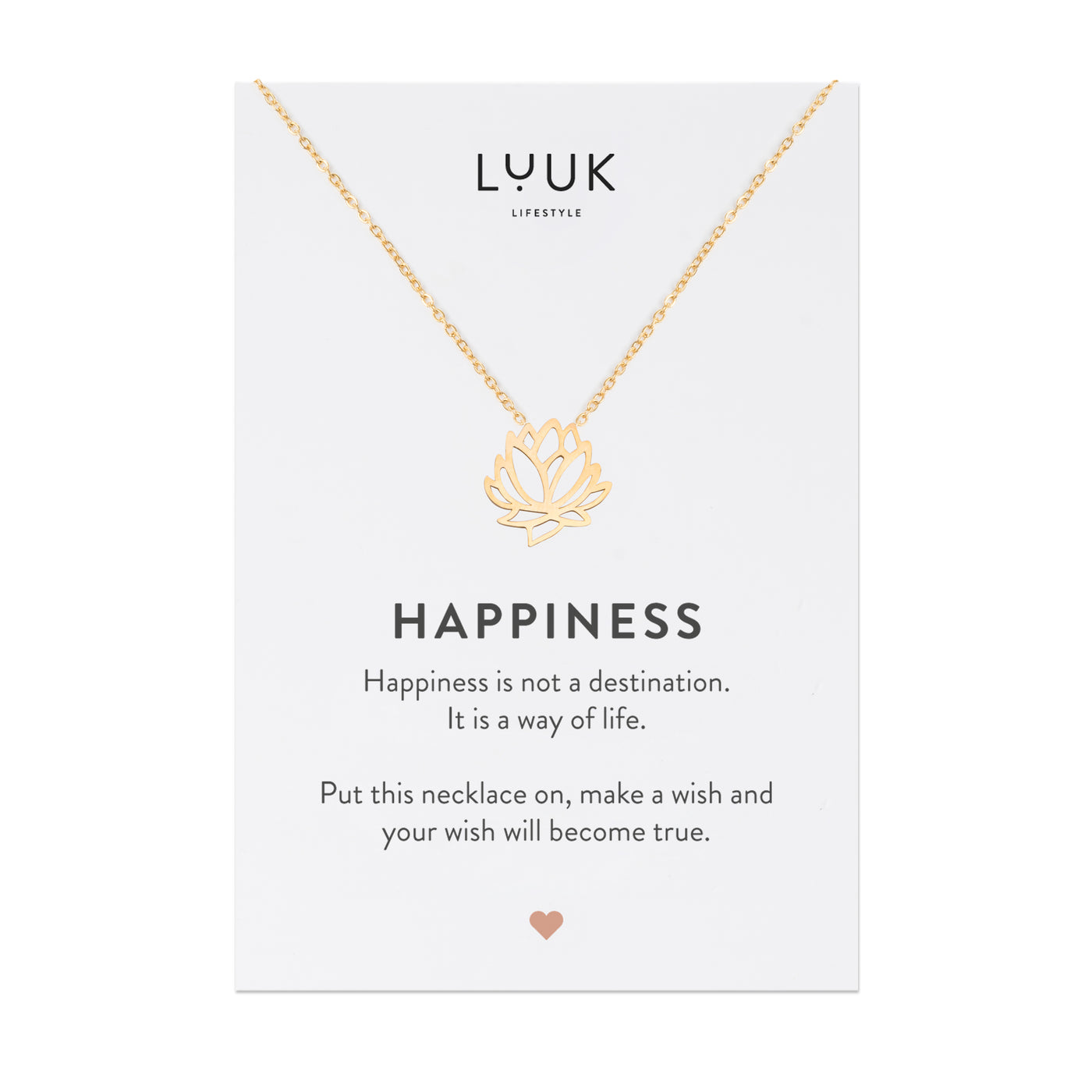 Gold Kette mit Lotusblüten Anhänger auf Happiness Spruchkarte von der Marke Luuk Lifestyle 