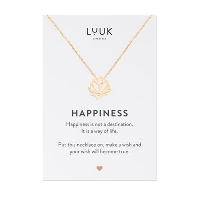 Gold Kette mit Lotusblüten Anhänger auf Happiness Spruchkarte von der Marke Luuk Lifestyle 