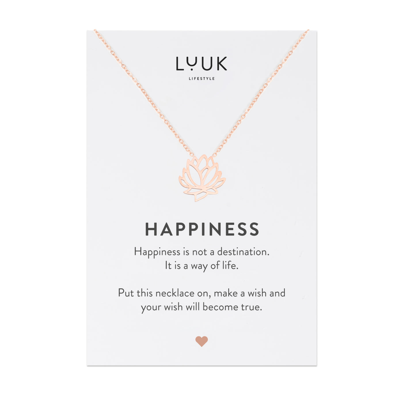 Halskette mit Lotusblüten Anhänger in Rosegold auf Happiness Spruchkarte von Luuk Lifestyle 