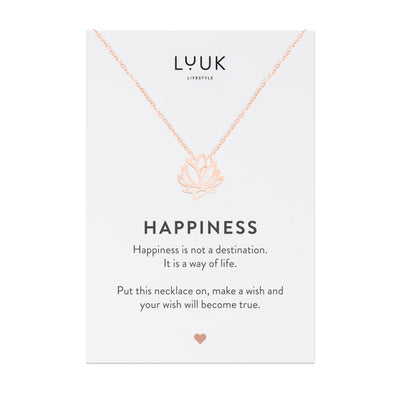 Halskette mit Lotusblüten Anhänger in Rosegold auf Happiness Spruchkarte von Luuk Lifestyle 