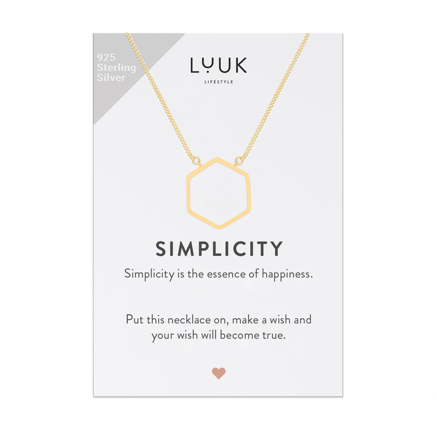 Simplicity Spruchkarte mit moderner Geometrischen Hexagon Kette in Gold von Luuk Lifestyle