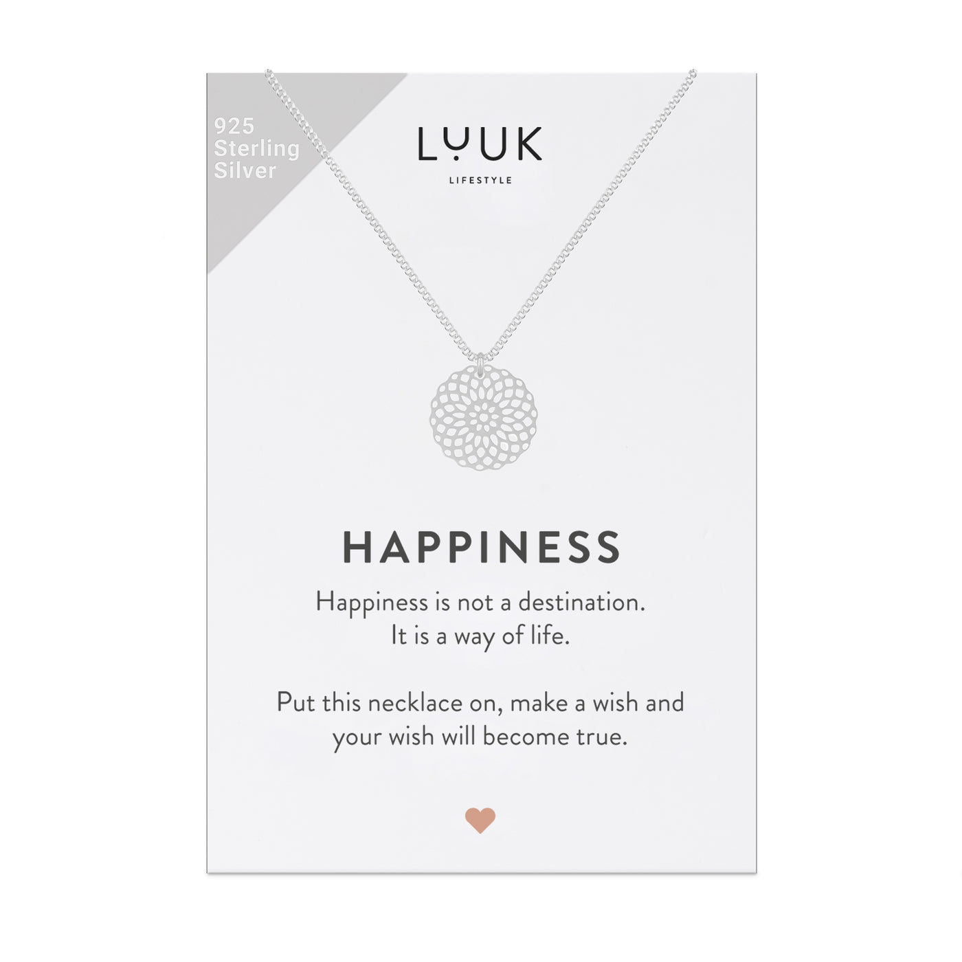 Halskette mit großem Mandala Anhänger in 925 sterlingsilber auf Happiness Spruchkarte von der Marke Luuk Lifestyle